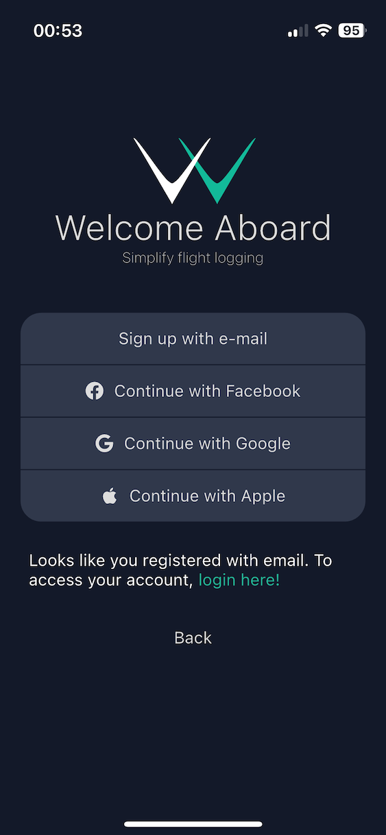 Wader sign up screen