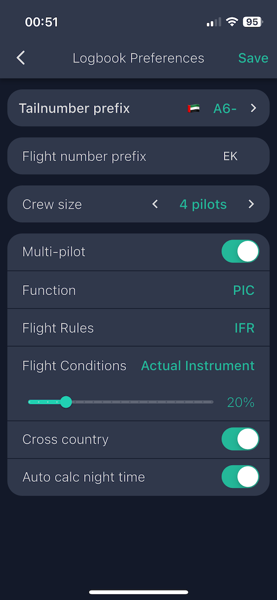 Logbook preferences screen