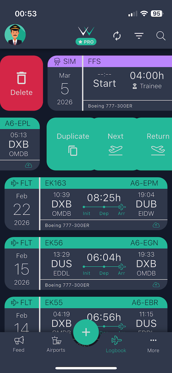 Swipe actions on a flight card
